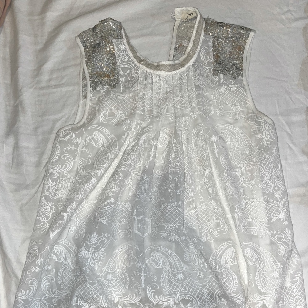 Anthropologie White and Silver pleated Top